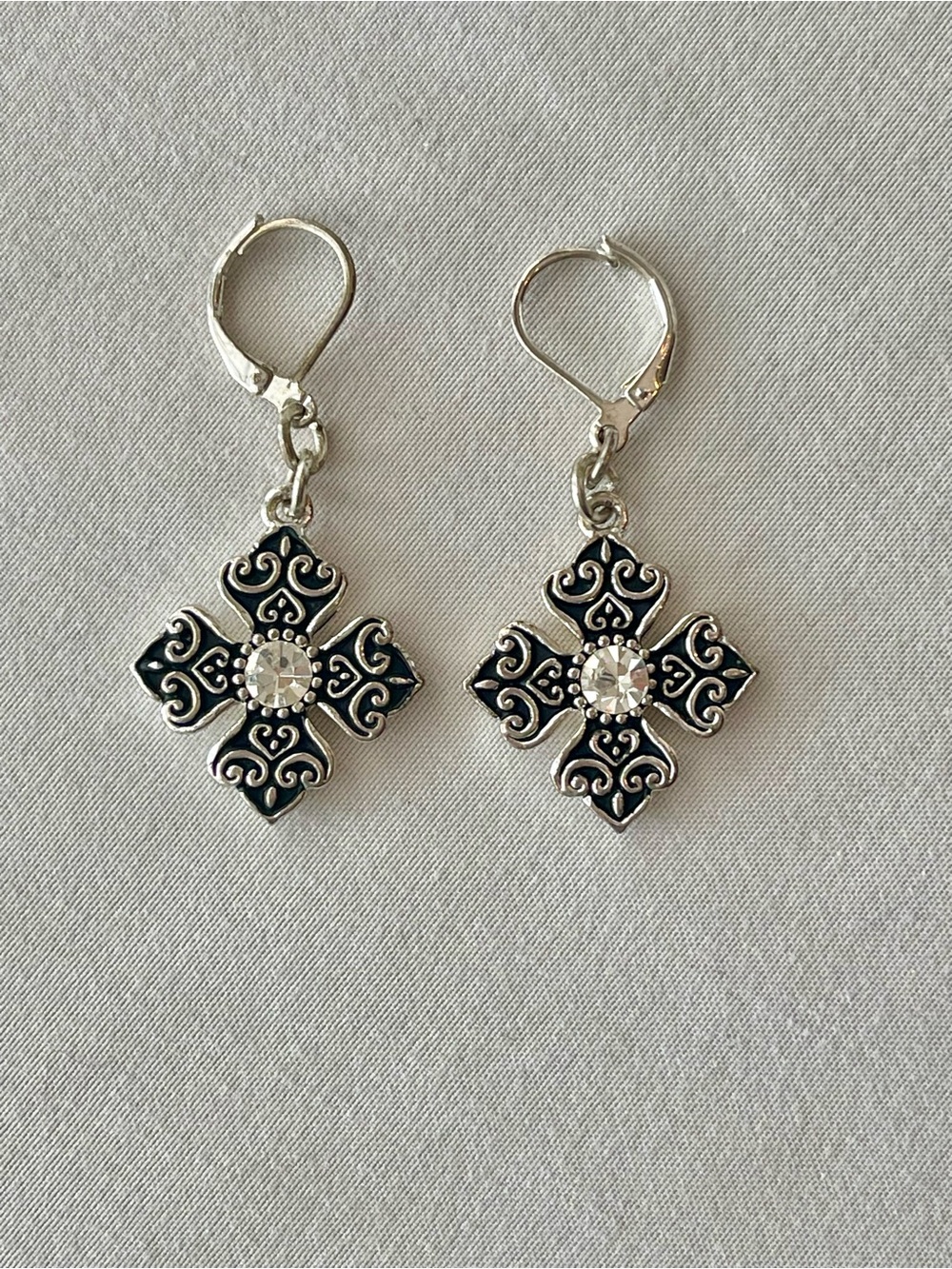 Silver Tone Black Enamel Ornate Cross Drop Earrings